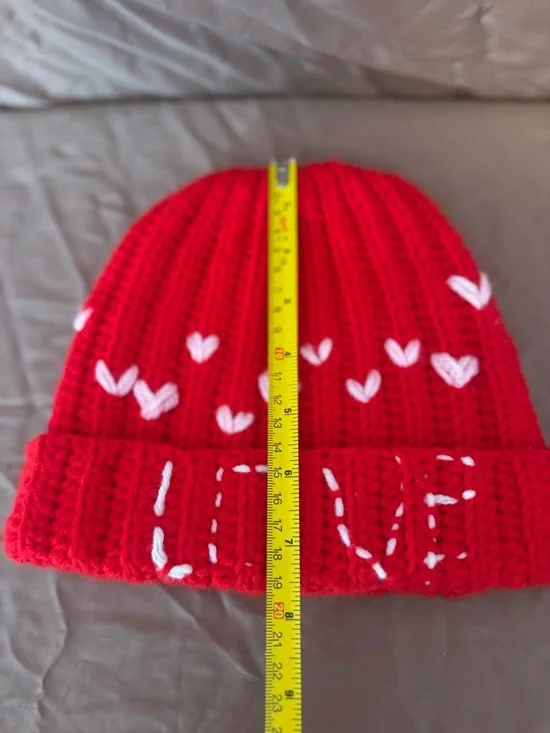 Handmade Crochet ribbed Beanie Hat with White Heart Accents - Picture 2 of 4